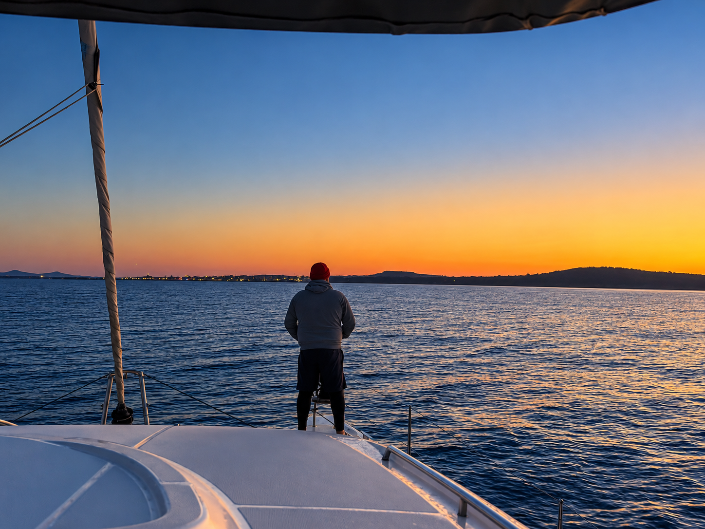 Looking out from RaRa’s foredeck over the sea at sunset