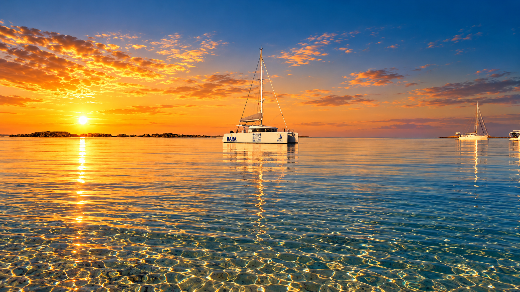 RaRa at anchor in golden sunset light, with her navy and gold hull branding