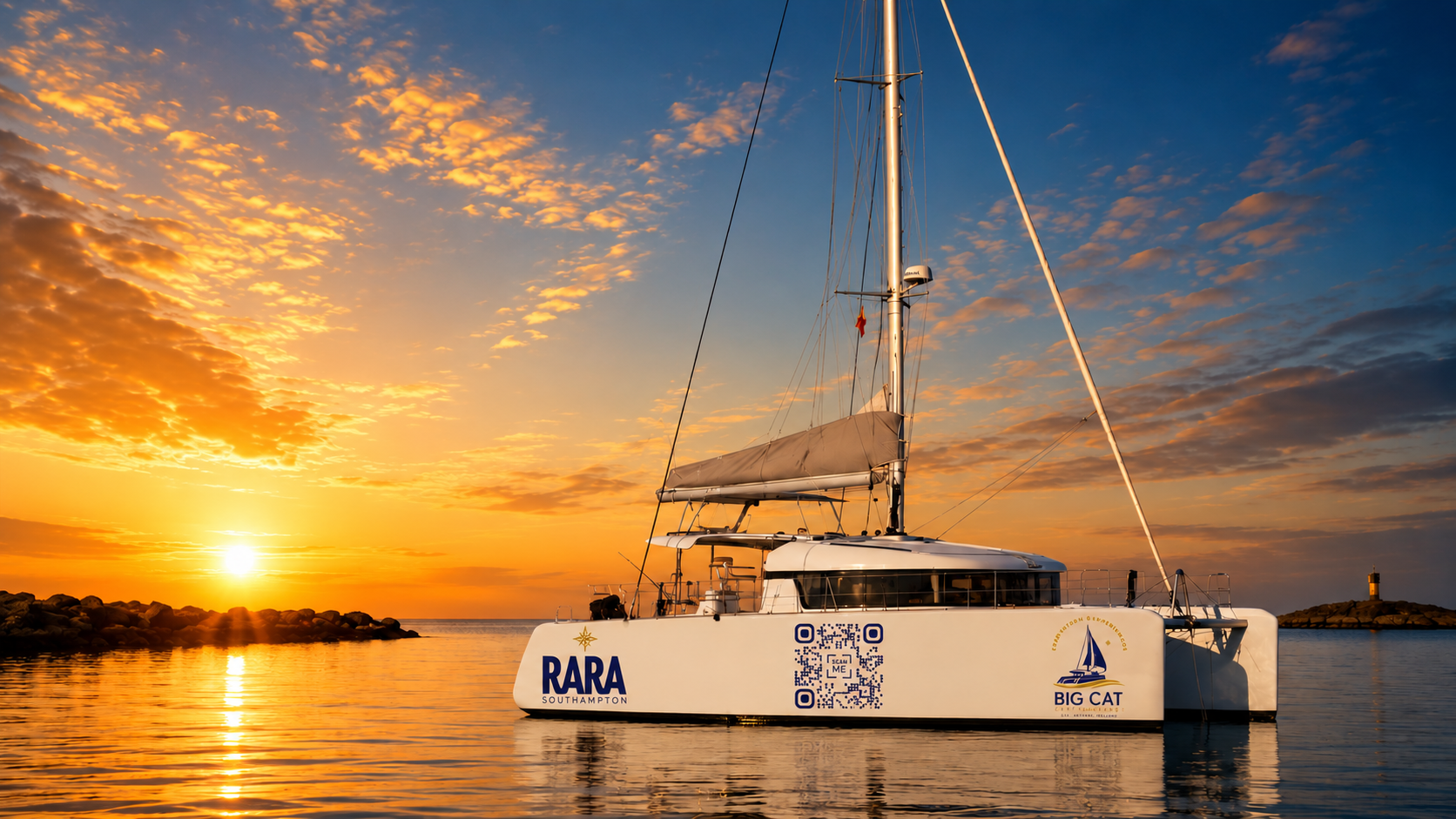 RaRa catamaran on calm water in golden light